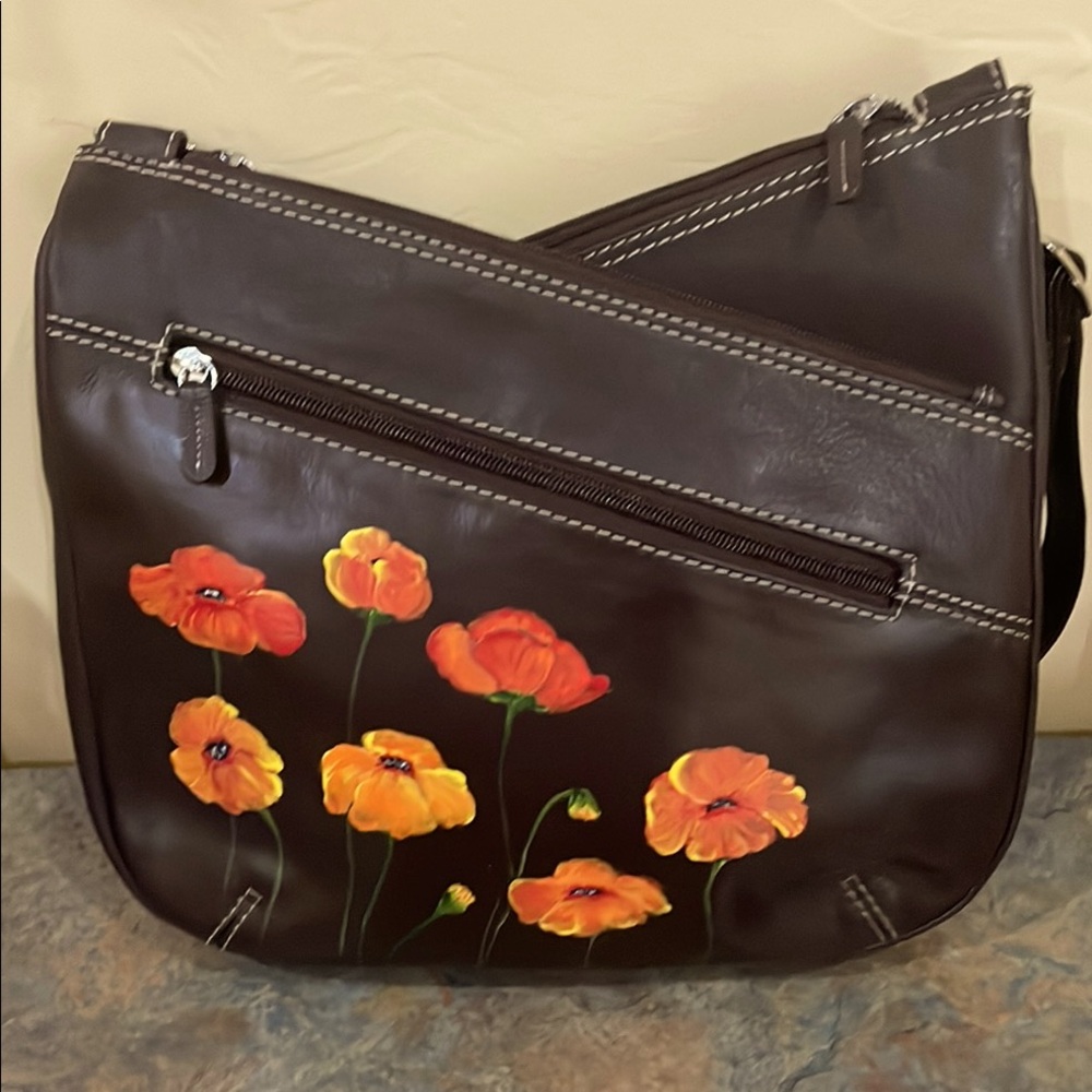 Floral Brown High Quality Leather Crossbody Bag with Hand Painted Art